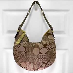 Coach Vintage Y2K Patchwork Signature Hobo Khaki/Multi Yellow Snakeskin & Tassel
